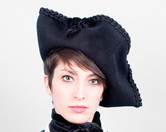 VIVIENNE Black Maritime Bicorne Hat with Opulent Braided Trims -  Fall Hat - High Fashion