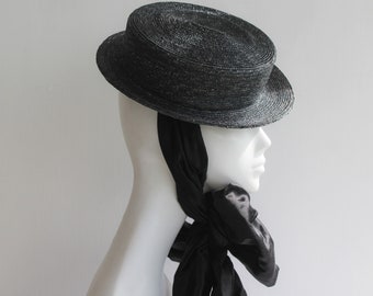 Black Straw Top Hat ''CHIZOBA'' with Boudoir Bow - Weddings & Events Hat - Royal Ascot - Kentucky Derby