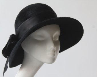 Black Felt Cloche Hat ''PANDORA'' with Silk Ribbon - Weddings - Fall Hat - High Fashion