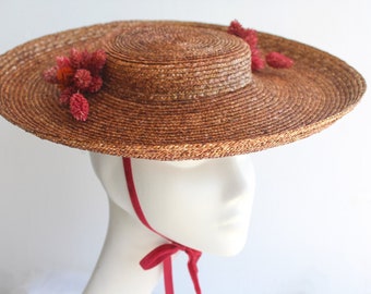 Brown Straw Platter Hat ''FONTANA'' with Red Velvet Ribbon - Wedding Event - Royal Ascot Hat - Kentucky Derby Hat