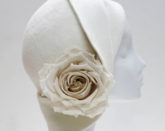 Ivory Felt Cloche Hat ''ANAIS'' with Silk Rose - Wedding Ceremony - Mother of the Bride - Diner en Blanc