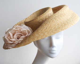 Straw Picture Hat ''PASADENA'' Hat with Opulent Silk Rose - Summer Weddings - Ladies Royal Ascot Hat - Kentucky Derby Races