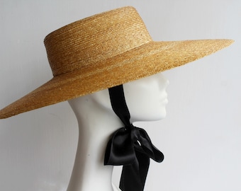 Fine Straw Fedora Hat ''LORELEI'' in Old Gold Straw w/Silk Ribbon & Oversisized Brim - Kentucky Derby - Royal Ascot