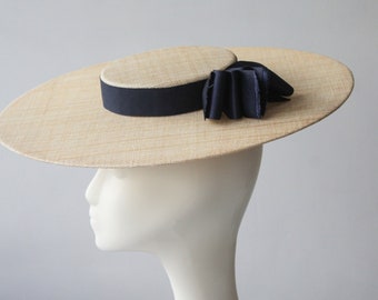 Natural Straw Designer Hat ''PAVILLION '' in Sinamay with Grosgrain Ribbon - Weddings - Mother of the Bride - Ascot - Kentucky Derby Hat