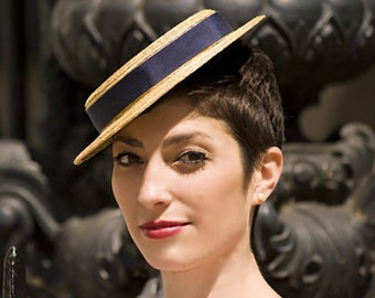 Natural Wheatstraw Boating Hat ''MIMI'' with Dark Navy Ribbon Trim - Weddings - Royal Ascot - Kentucky Derby