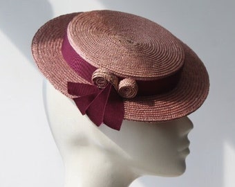 Rose Pink Straw Boater ''MONROSE'' Hat with Unique Scroll Detail - Weddings - Ascot Hat - Derby Hat