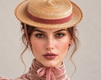 May include: A straw boater hat with a flat crown and a wide brim, featuring a dusty rose velvet ribbon band around the base. The hat includes matching dusty rose velvet chin ties that are tied in a bow under the chin, complementing the texture.