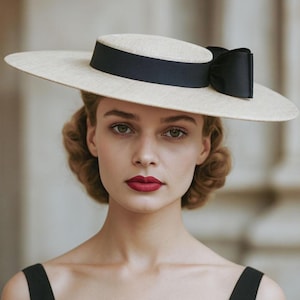 PAVILLION Boater Hat in Pinok Pok Straw with Navy Ribbon, for Goodwood Revival, Ascot, Kentucky Derby, Mother of the Bride