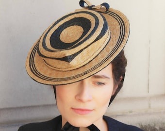 EDWARDIENNE Natural Two-Tone Straw Boat Hat - Navy & Natural Hat - Weddings - Royal Ascot - Kentucky Derby