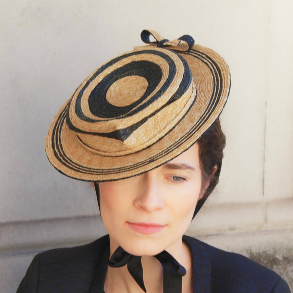 EDWARDIENNE Natural Two-Tone Straw Boat Hat - Navy & Natural Hat - Weddings - Royal Ascot - Kentucky Derby