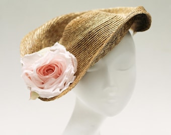 MINT ROYALE Sculpted Straw Hat with Silk Flower, Avant Garde Design for Oaks Day, Preakness, Weddings & Races