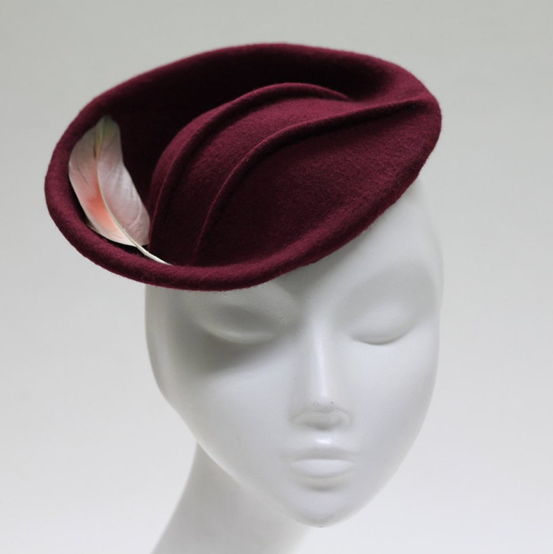 Burgundy Felt Cocktail Hat ''KIRU'' with Pintucks & Feather Mother of the Bride Wedding Guest image 4