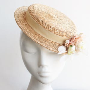 Fine Straw Boater Hat &#39;&#39;AMAKA&#39;&#39; Hat w/ Pretty Bouquet - Wedding Guest Hat - Sun Hat - High Tea Hat - Royal Ascot Hat - Kentucky Derby Hat