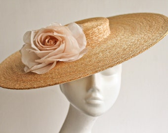 Straw Boater Hat ''MONTPELLIER ROSE'' in Fine Natural Straw Hat - Mother of the Bride Hat - Weddings & Derby Races Hat