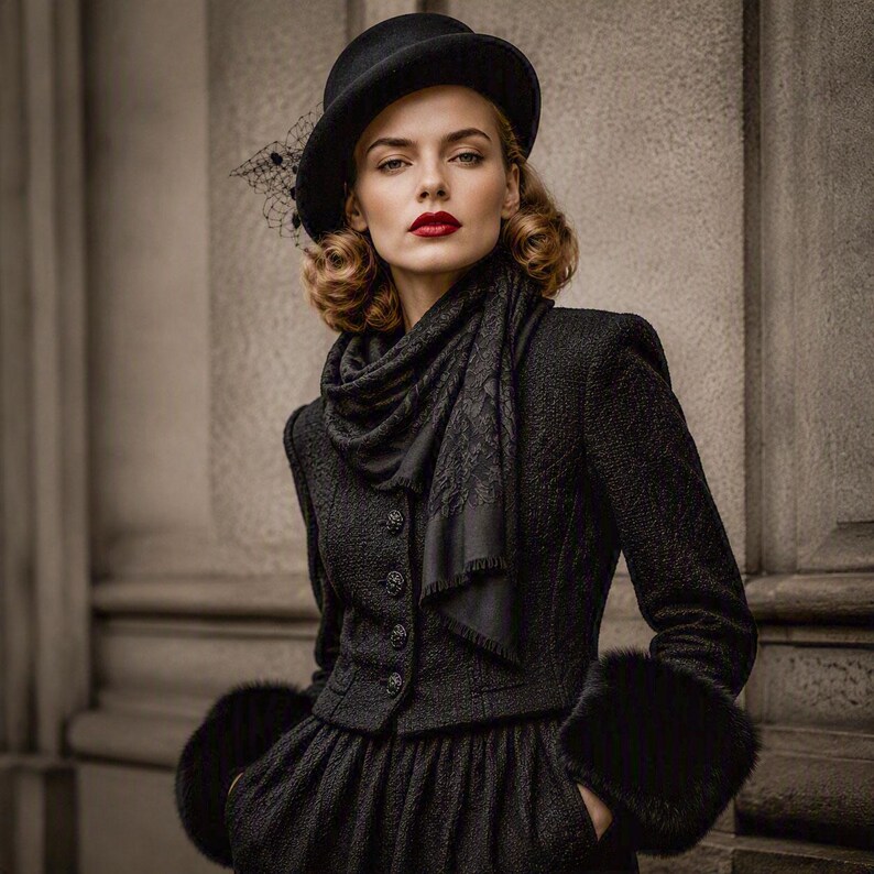 May include: A black textured jacket with a button-up front, featuring fur-trimmed cuffs and a matching black scarf with a subtle pattern. The ensemble is paired with a black felt hat adorned with a delicate netting veil, creating a cohesive look.