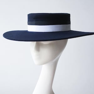 BLUEBERRY Dark Navy Blue Wool Boater Hat, Contemporary Draped Style Formal Headwear for Special Occasions