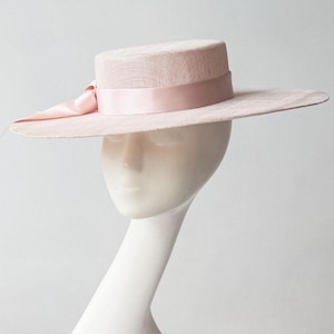 Pink Straw Boater &#39;&#39;ROSALIE&#39;&#39; Luxurious Hat with Silk Ribbon - Weddings - Mother of the Bride - Royal Ascot Enclosure & Kentucky Derby Hat