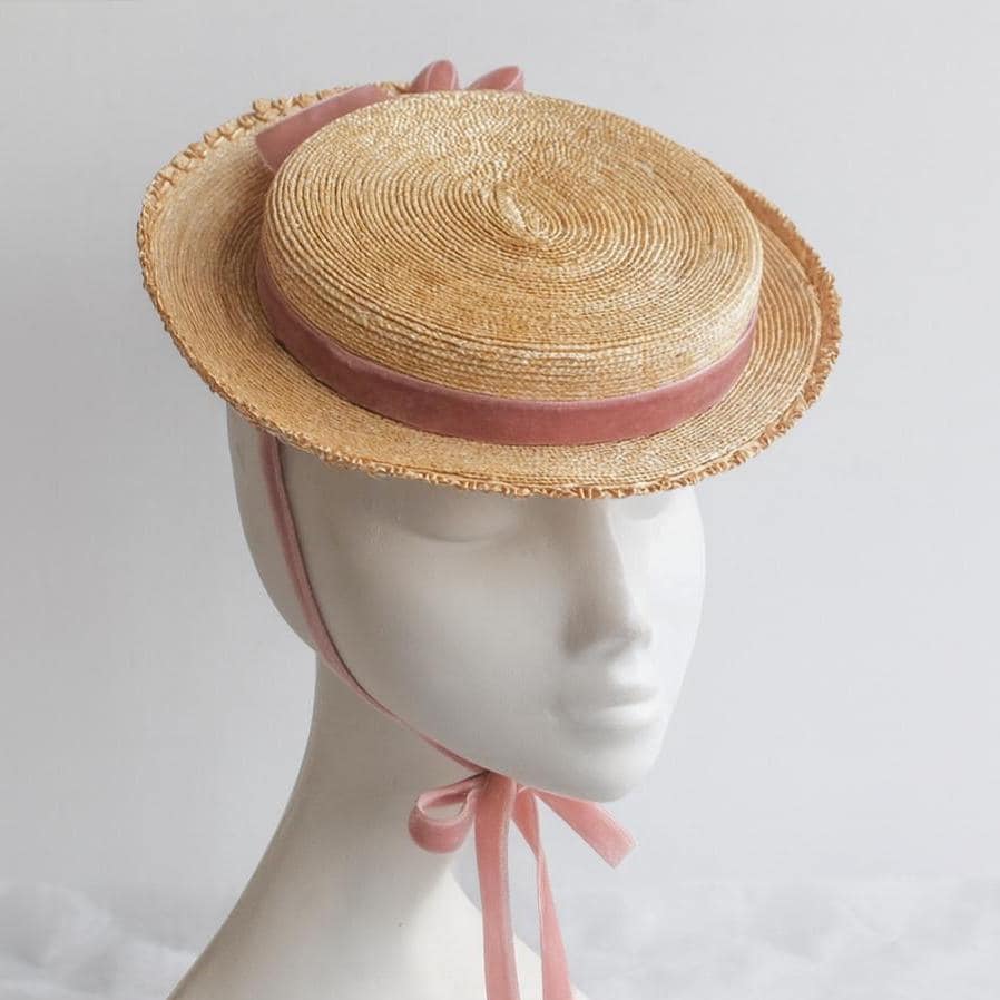 FIFI Edwardian Mini Boater with Flat Crown in Natural Fine Straw & Velvet Ribbon, Gibson Girl Era Costume