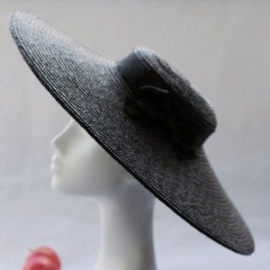 Black Straw Hat ''PARIS PANCAKE'' with Wide Brim Weddings Ladies Royal Ascot Kentucky Derby Hat image 1