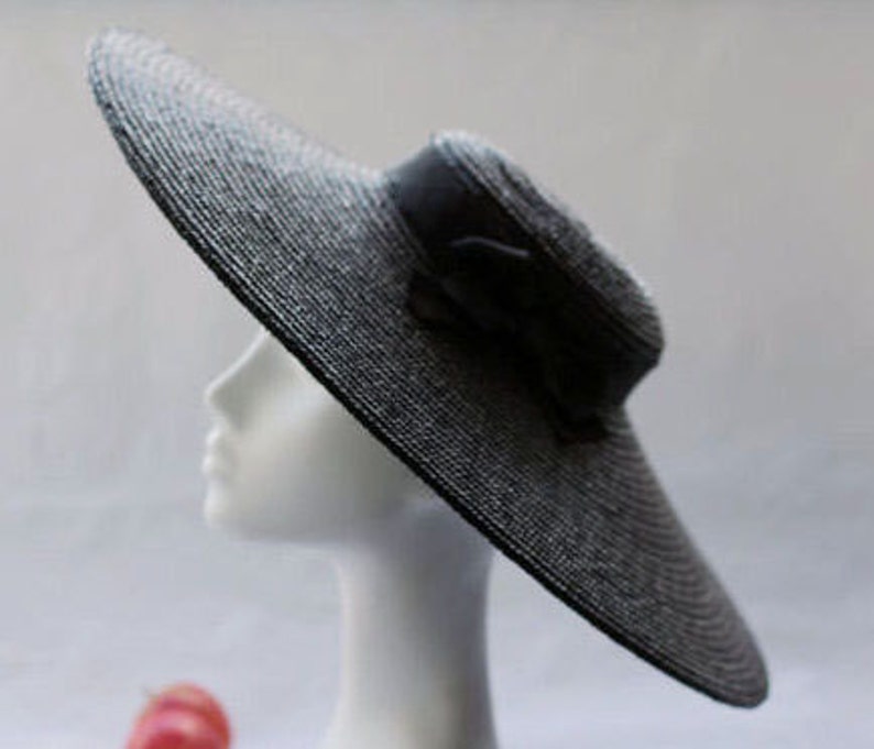 Black Straw Hat ''PARIS PANCAKE'' with Wide Brim Weddings Ladies Royal Ascot Kentucky Derby Hat image 1