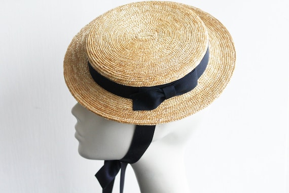 MIMI Flat Top Boating Hat with  Navy Ribbon, for Royal Ascot, Melbourne Cup, Kentucky Derby, Mother of the Bride