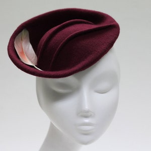 Burgundy Felt Cocktail Hat ''KIRU'' with Pintucks & Feather Mother of the Bride Wedding Guest image 1