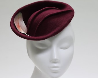 Kiru Burgundy Fascinator Hat w/ Pintucks & Feather