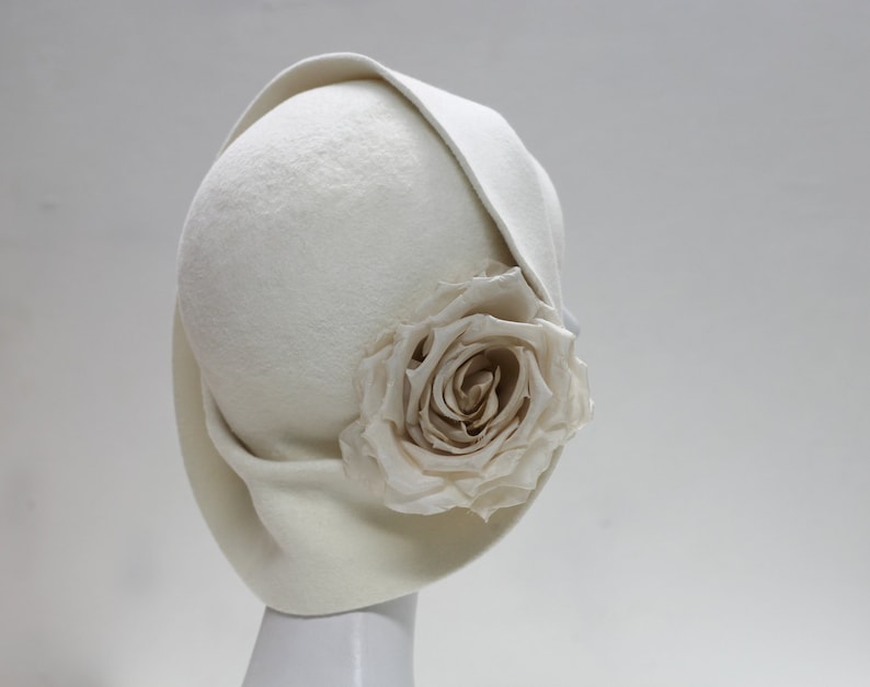 Ivory Felt Cloche Hat ''ANAIS'' with Silk Rose Wedding Ceremony Mother of the Bride Diner en Blanc image 2