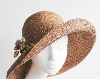 Rustic Straw Cloche ''MONA LISA'' Hat with Roll Brim - Cottagecore Weddings - Ascot Garden Party - Kentucky Derby Hat