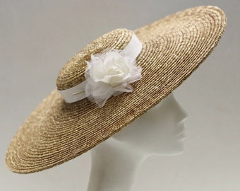 Wide Brim Straw Picture Hat ''ASTRID'' with Ivory Silk Rose - Ascot Derby Hat - Weddings - Ladies Day