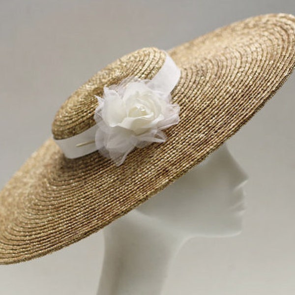 Wide Brim Straw Picture Hat ''ASTRID'' with Ivory Silk Rose - Ascot Derby Hat - Weddings - Ladies Day