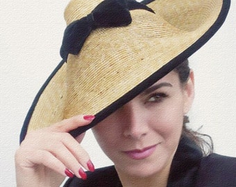 Straw Sugar Loaf Hat ''CAFE DE PARIS'' with Velvet Trims - Special Event - Ladies Royal Ascot Enclosure - Kentucky Derby Races