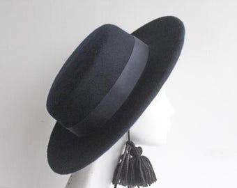 Dark Navy Boater Hat &#39;&#39;BALTIMORE&#39;&#39; with Wide Brim - Winter Weddings and Races
