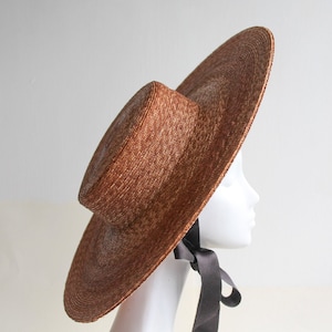 Wide Brim Chestnut Brown Natural Straw Boater ''BENTLEY'' Premium Straw Edwardian Boat Hat - Weddings - Royal Ascot - Kentucky Derby Hat -