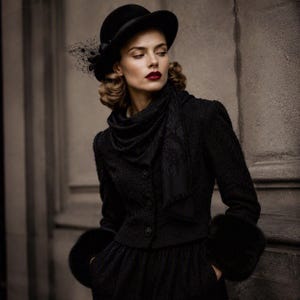 May include: A black textured jacket with a high collar, dark buttons, and thick fur cuffs, paired with a matching black hat featuring a delicate side veil. The ensemble includes a draped scarf with subtle embroidery and a full-length skirt.