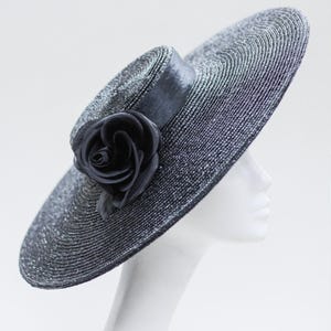 Wide Brim Fine Straw Boater &#39;&#39;NOIR NOIR&#39;&#39; with Wide Brim & Silk Rose - Weddings - Royal Enclosure - Kentucky Derby Races - Luxury Headwear