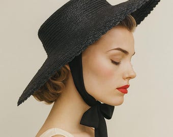 Black Straw Bergère Hat - Gothic Victoriana Bonnet With  display picture 2