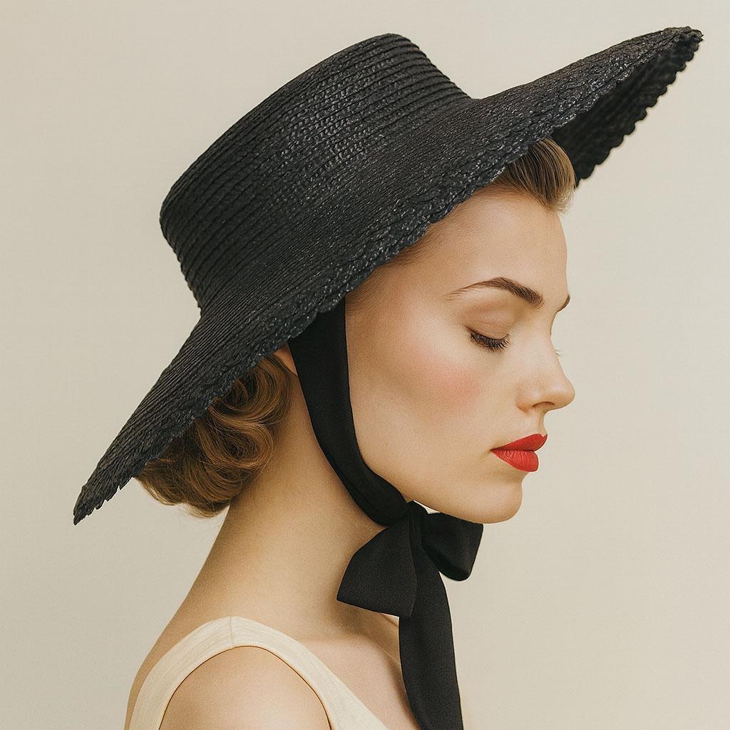 VINTAGE FRATELLA Talli black  straw hat 1930s Black Straw Tilt Hat | Veiled Brim with Pink Poms main image 4