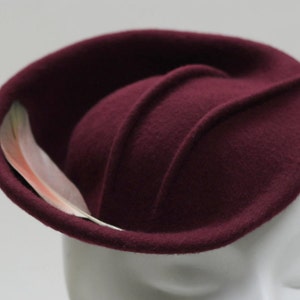 Burgundy Felt Cocktail Hat ''KIRU'' with Pintucks & Feather Mother of the Bride Wedding Guest image 2