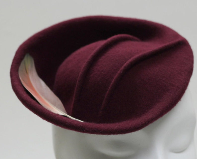Burgundy Felt Cocktail Hat ''KIRU'' with Pintucks & Feather Mother of the Bride Wedding Guest image 2