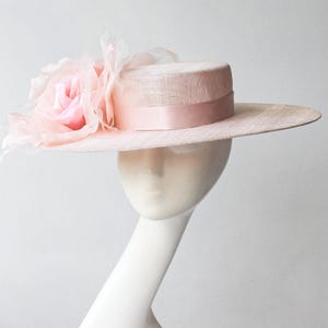 Opulent Pink Straw Boater &#39;&#39;ROSALINA&#39; Hat with Angelic Flower - Racing Season - Mother of the Bride - Royal Ascot Hat - Derby Hat - High Tea