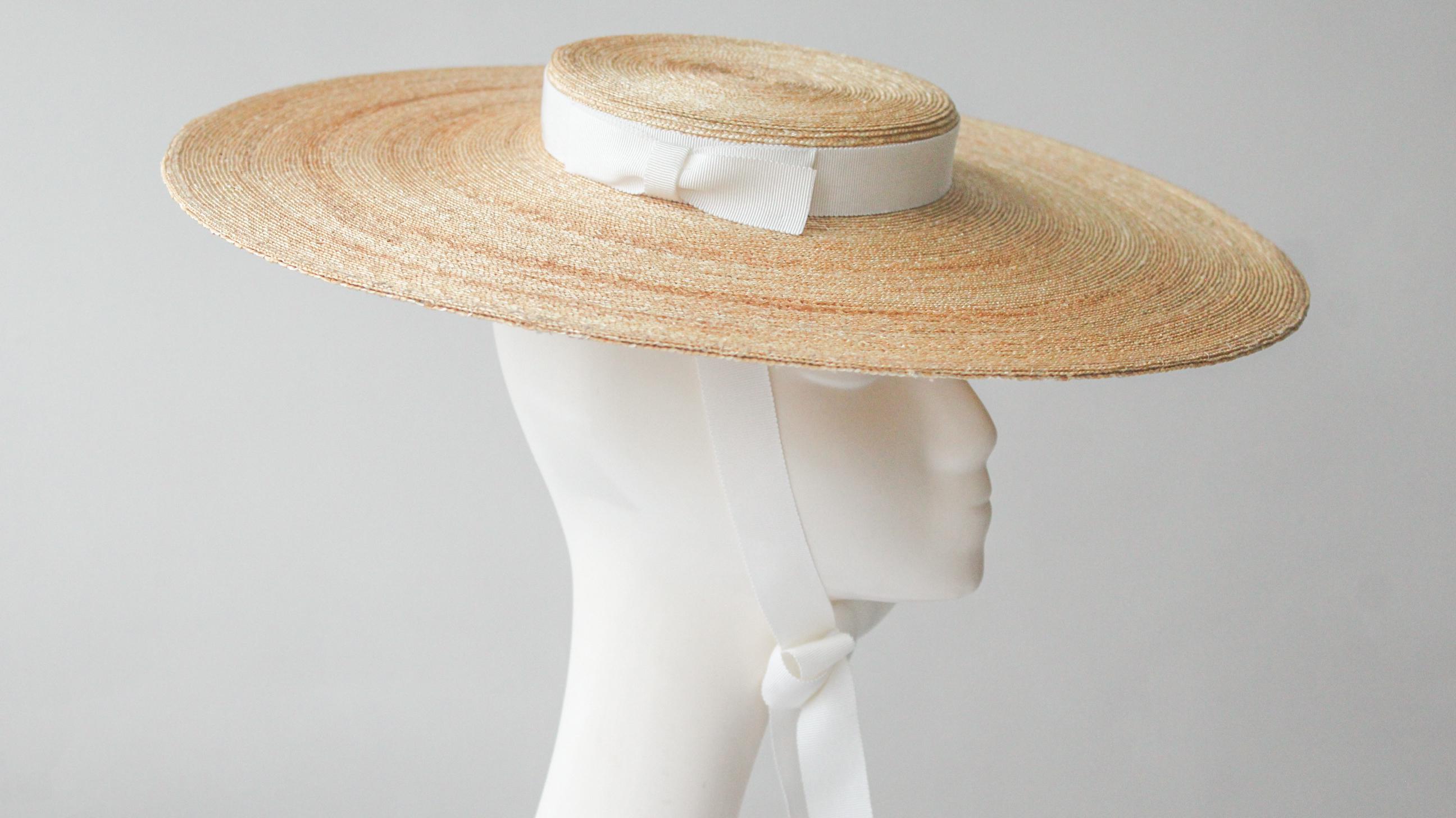 Ivory Straw Boater Hat with Black Band With Hat Box ADULTS STRAW BOATER HAT WITH BLACK AND YELLOW BAND RIBBON  main image 2