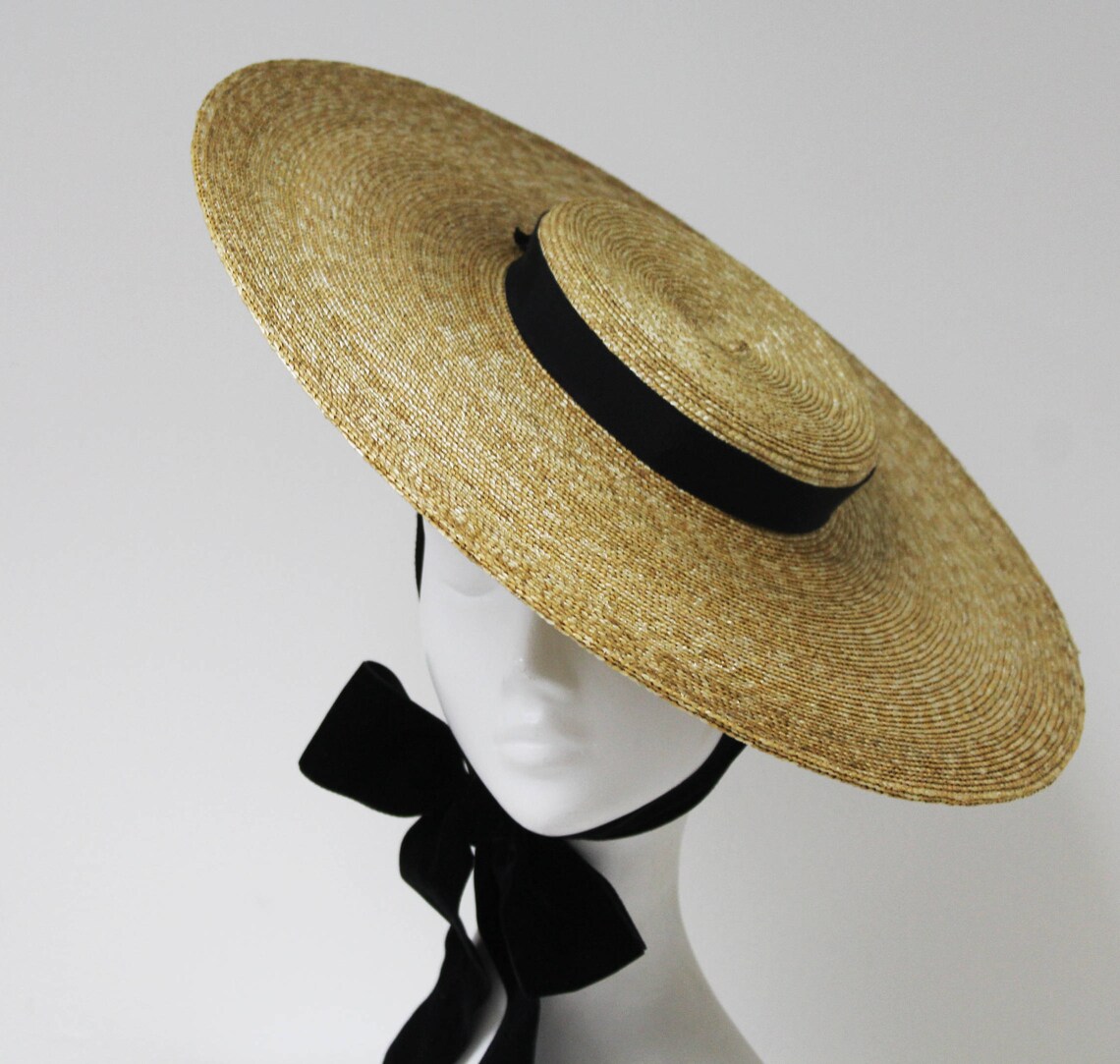 Montpellier Fine Straw Boating Hat W/ Chichi Black Silk Velvet Etsy