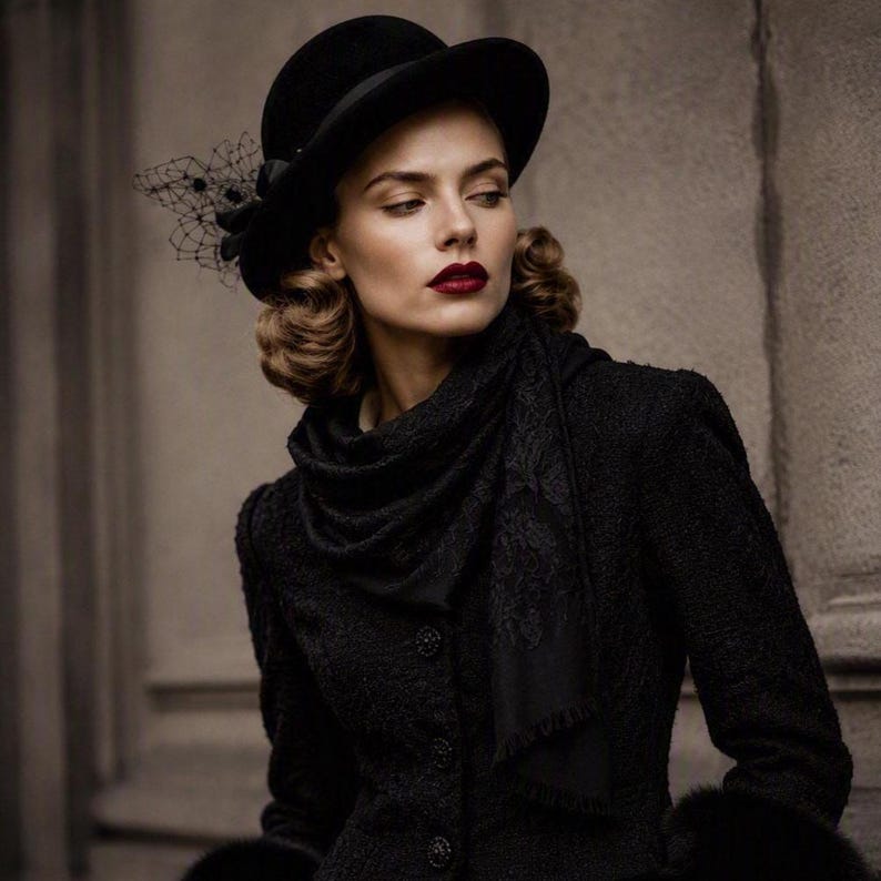 May include: A black felt hat with a small veil and a black textured jacket featuring buttons and a matching scarf. The ensemble includes dark fur cuffs on the sleeves, creating a cohesive monochromatic look with a structured collar and fabric texture.