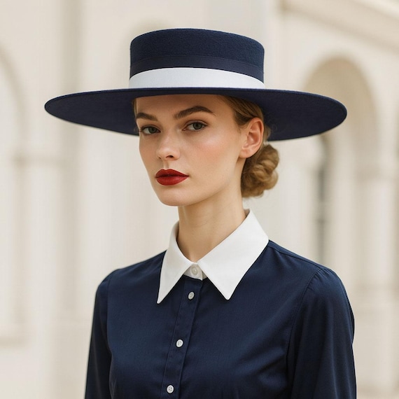 Navy Blue Wool Boater Hat  display picture 3