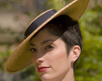 The Summer Frou Frou - Wedding Hat - Straw Boater Hat w/ Navy Ribbon - Womens Races Hat
