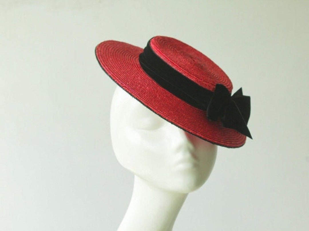 Red Straw Boater Hat ''IGNATIA'' Wedding Guest Melbourne Cup Royal