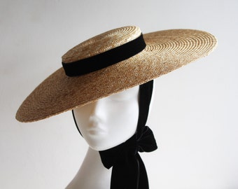 HONEYSUCKLE Straw Bergere Hat Wide Brim Design with Silk Velvet Ribbon, for Royal Ascot, Kentucky Derby, Mother of the Bride
