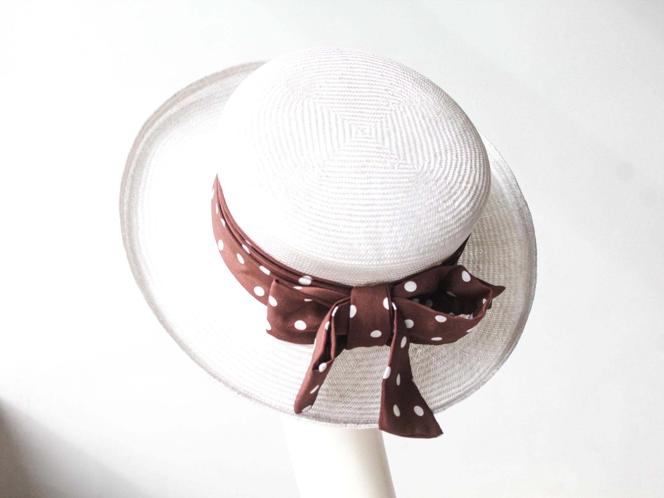 CHRISTY White Straw Fedora Hat With Silk Polka Dot Ribbon 