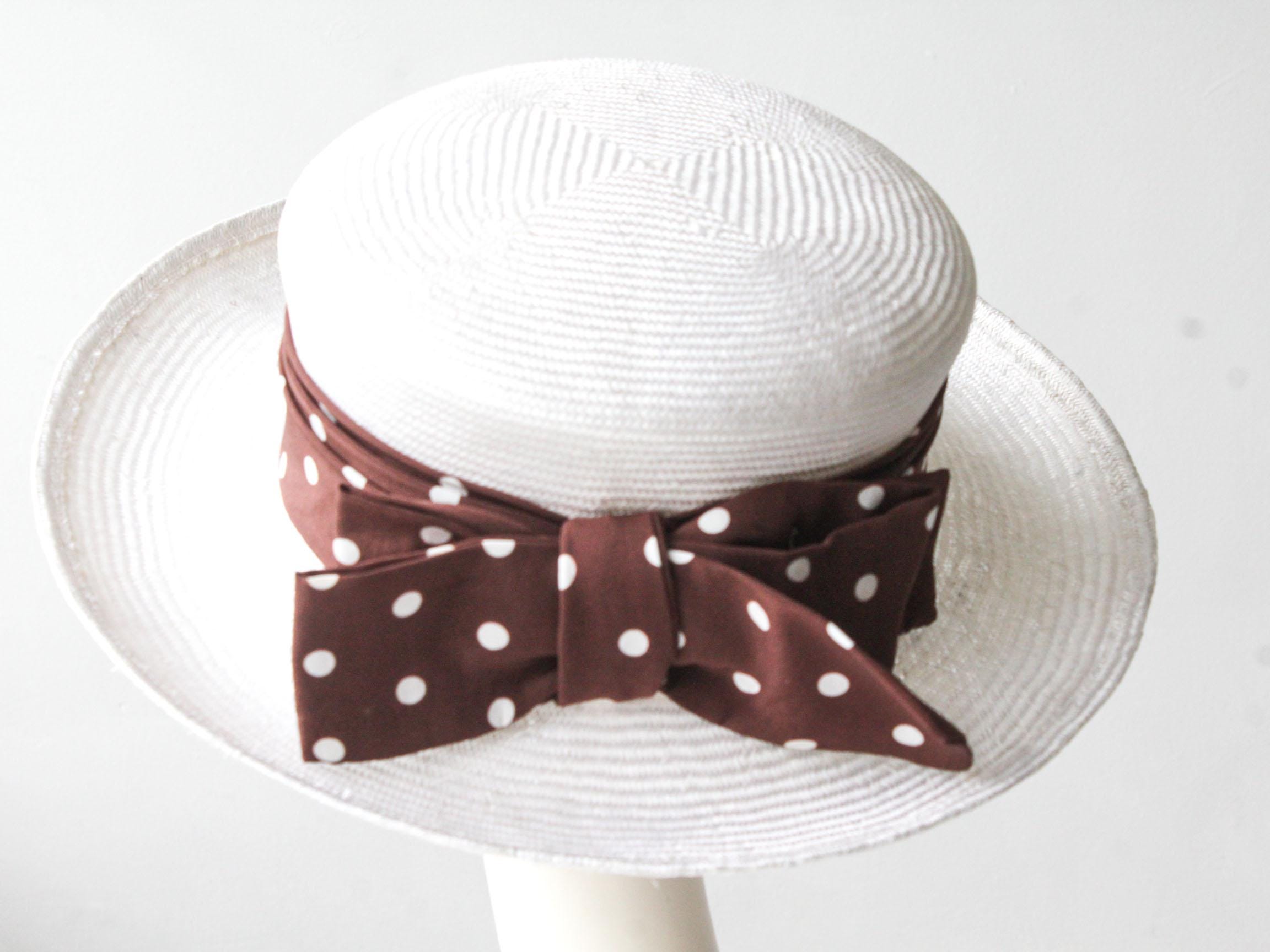 CHRISTY White Straw Fedora Hat With Silk Polka Dot Ribbon  display picture 3